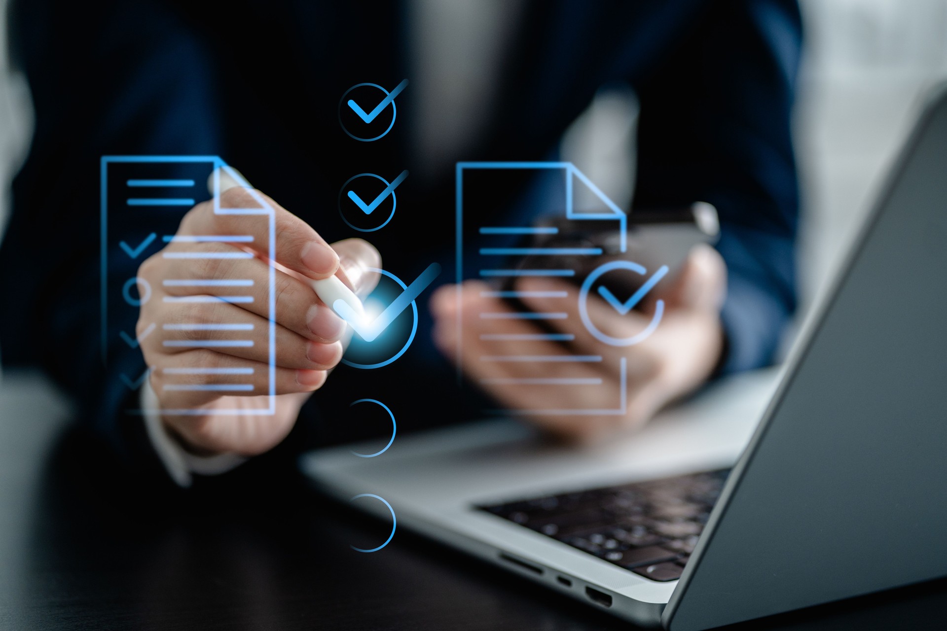 Businesswomen evaluate the performance of business via checklist systems online, take questionnaires and assessment electronic documents, fill out digital form checklist.