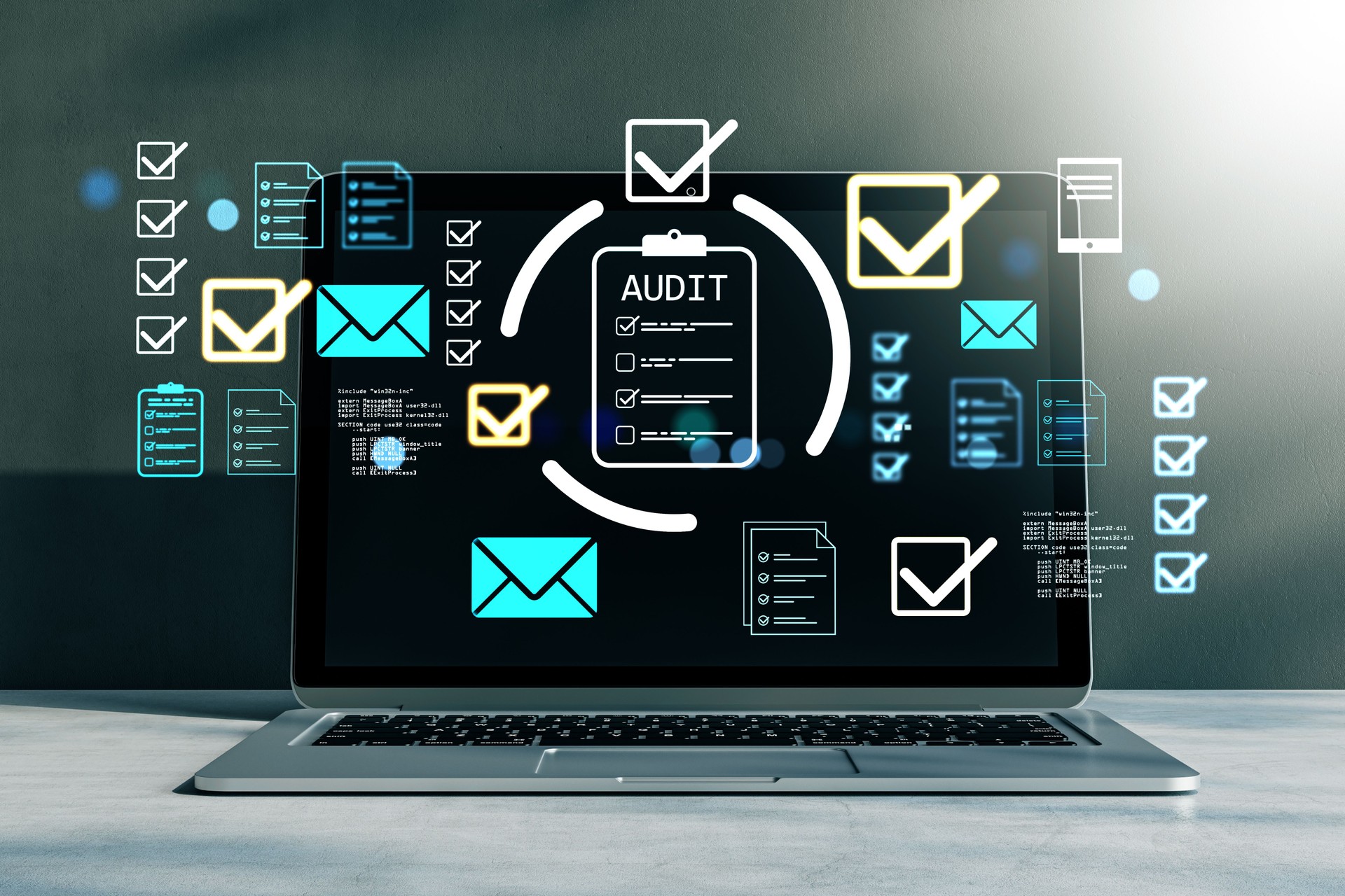 Digital audit checklist interface displayed on laptop with holographic icons representing accounting and business technology on light background. 3D Rendering