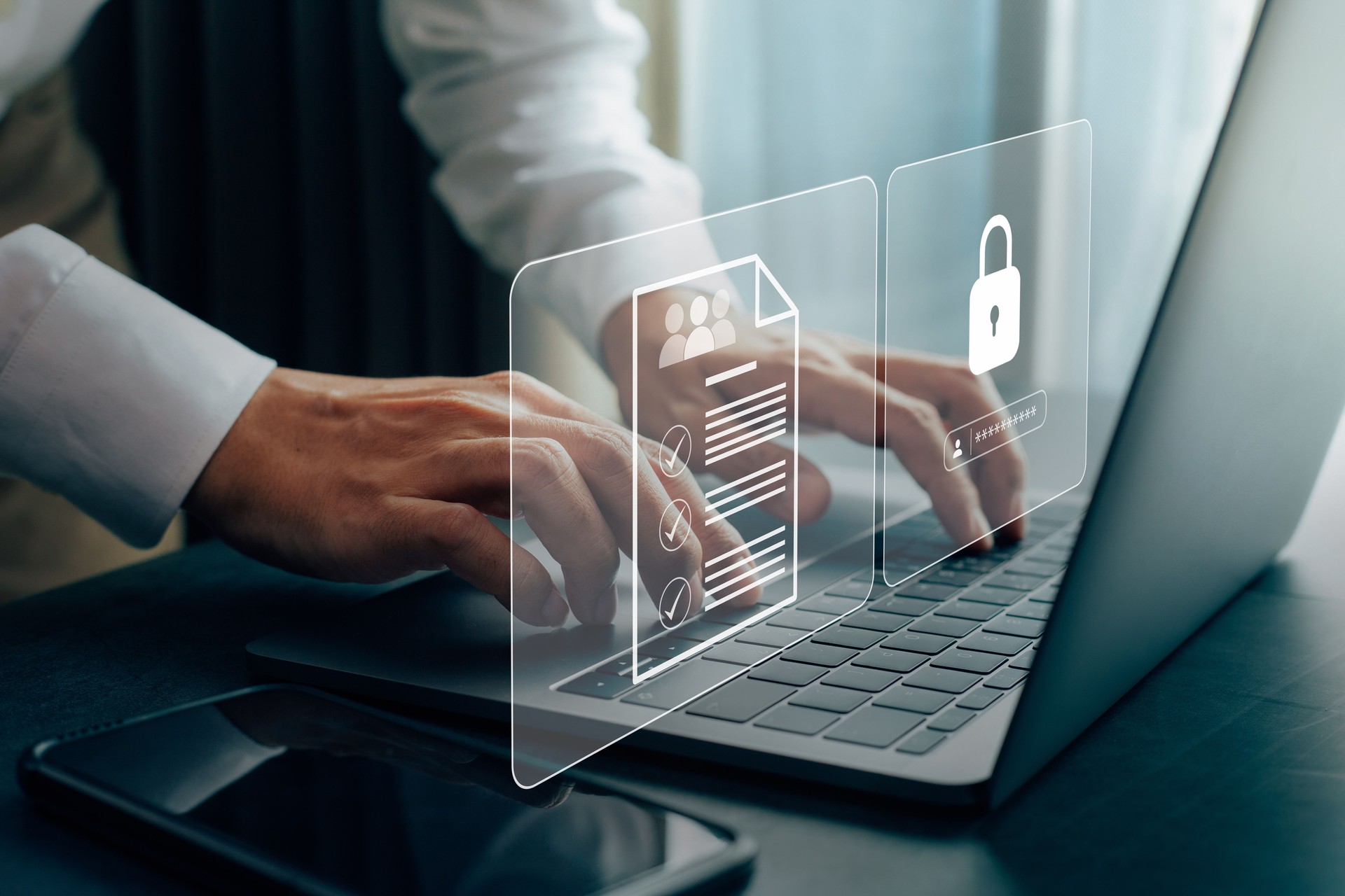 Businessmen protecting personal data on laptop and virtual interfaces.